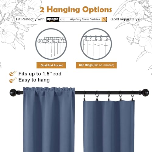 Image of Aiyufeng Denim Blue Short 36 Inches Blackout Curtain 2 Panels Set, Half Window Rod Pocket Privacy Curtain Tiers for Kitchen, Curtains Blackout for Bathroom Shades, W40 x L36 Inch, Denim Blue