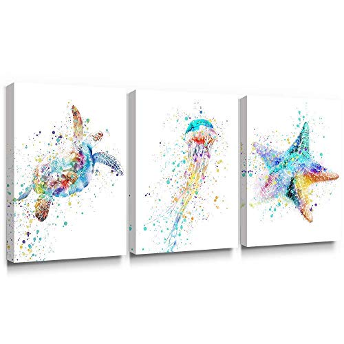 Adecuado Coastal Wall Art Sea Turtle Jellyfish Starfish Beach Ocean Decorations Colorful Bathroom Decor Canvas Paintings Sea Life Watercolor Prints Hang for Living Room Bedroom 12x16 Inch, 3 Piece