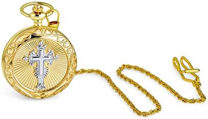 Personalize It Mens Traditional Vintage Style Christian Catholic Religious Cross Pocket Watch For Men Roman Numeral White Skeleton Dial With Long Pocket Chain Polish Shiny Gold Plated With Rope Chain
