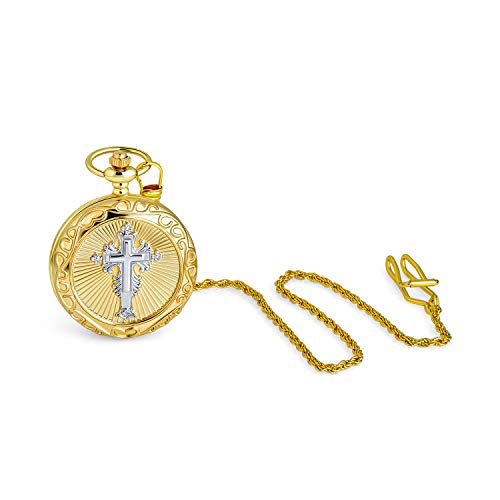 Personalize It Mens Traditional Vintage Style Christian Catholic Religious Cross Pocket Watch For Men Roman Numeral White Skeleton Dial With Long Pocket Chain Polish Shiny Gold Plated With Rope Chain #TOP17