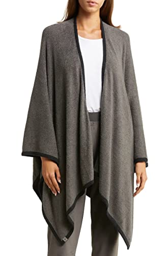Barefoot Dreams CozyChic Lite Bordered Wrap, Long Fine Knit Open Front Cardigans, Lightweight Long Sleeve Winter Clothes, Cocoon Wrap Sweater, Mineral/Black, One Size2