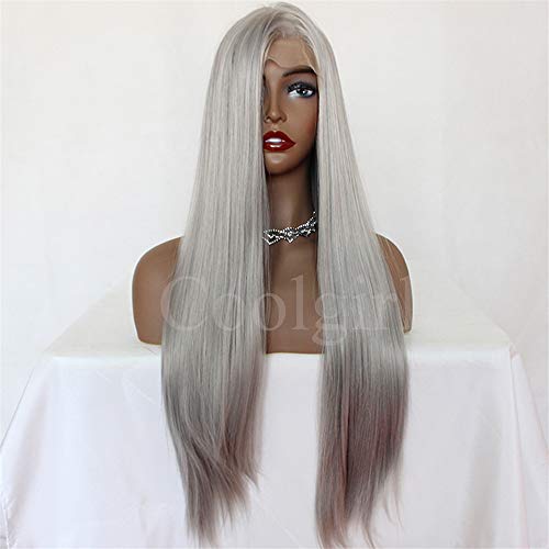Missyvan Perücke, lang, glatt, Kunsthaar, mit Spitze, vorne, hitzebeständig, seidig, glatt, Grau