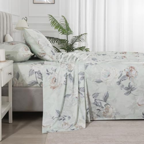 Image of Sage Green Floral Percale Sheets California King Deep Pocket, 4Pcs | 100% Cotton Neutral Printed Sheet Set, Flower Leaf Farmhouse Bed Sheets, Vintage Designer Bedding, Shabby Chic, Aesthetic