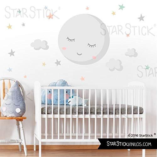 Vinilo para bebé - Luna llena con estrellas. Luna gris y estrellas de colores - T1 - Pequeño 130x60 cm