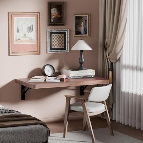 Image of Floating Desk for Home, Office, Study, Kitchen, and Dinner Computer Bar Laundry Room Wall Mounted Folding Table Wall Mounted Folding Desk for Space Saving (Teak)