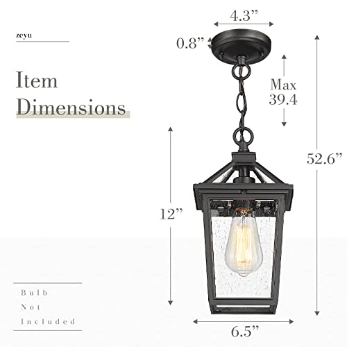 Image of zeyu Farmhouse Outdoor Ceiling Hanging Light, 12 Inch Industrial Pendant Light Fixture for Front Porch, Die-Cast Aluminum in Black Finish with Seeded Glass, ZX58H BK
