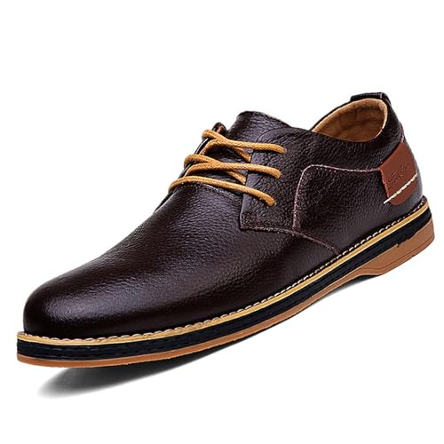 Image of Men's Genuine Leather Hand Stitched Dress Oxfords Fashion Plain Toe Lace up Low Top Formal Business Office Derby Shoes Daily Non-Slip Soft Sole Casual Shoes