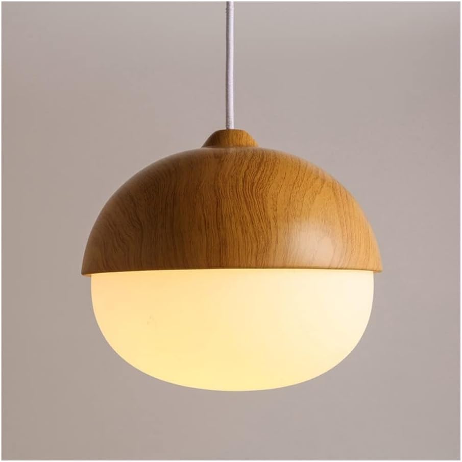 Lustre en verre opaque blanc et finitions effet bois noble