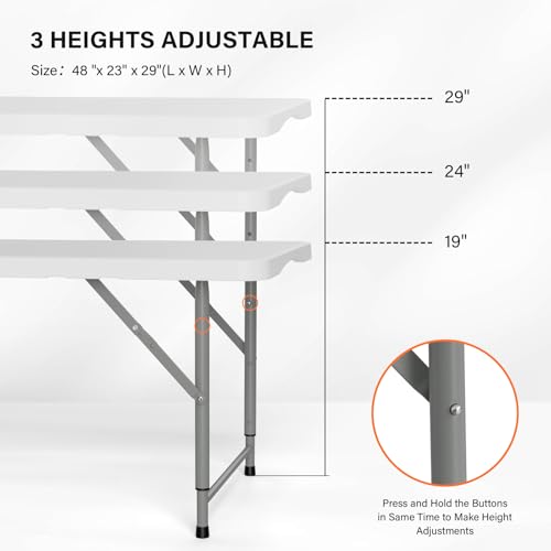 VINGLI 4 FT Plastic Folding Camping Table,3-Level Adjustable Height, Portable in/Outdoor Party Picnic Dining Desk, Garden Soccer Multipurpose Entertaining Activities,White