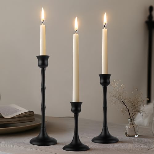 Vintage Metal Candlestick Holders, Set of 3 Black Candle Holders for Candlesticks Antique Taper Candle Stand Candle Sticks Holder for Housewarming Wedding Mantelpiece Table Centerpiece Decor