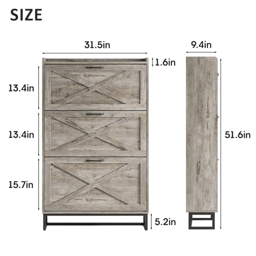 Image of Maupvit Shoe Storage Cabinet with 3 Flip Drawers, Freestanding Organizer with Metal Legs for Entryway, Narrow Shoe Rack Cabinet, Light Rustic Oak