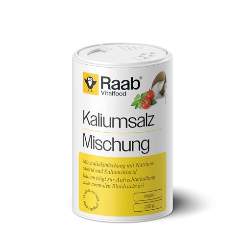 Raab® Kaliumsalz-Mischung - schmeckt wie Salz - enthält weniger Natrium - Mineralsalzmischung mit Natrium- & Kaliumchlorid - Kalium trägt zur Aufrechterhaltung eines normalen Blutdrucks bei (200g)