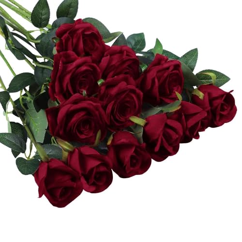 RHQFDM 12 Rosas Artificiales Rojas 51cm, Flores de Seda Como Reales para el Hogar, Jardín y Decoración de Bodas (Rojo Oscuro)
