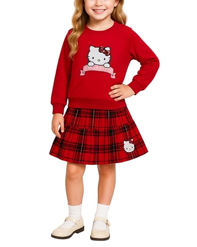 Hello Kitty Girls Skirt Sets - 2 Piece Long Sleeve Sweatshirt and Plaid Skirt Girls Fashion Set (2T-12), Size 4, Red Plaid