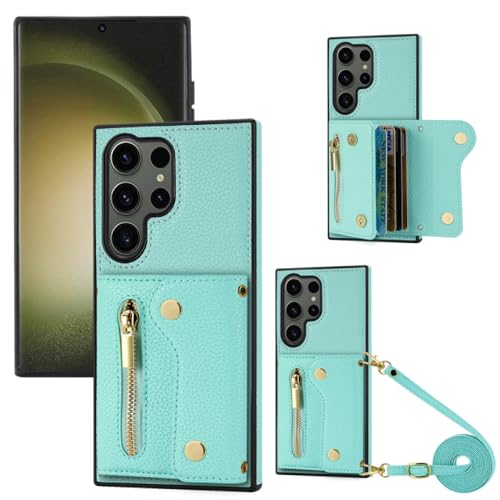 Tarjetas Cruzadas Solt Funda de Cuero Tipo Billetera para Samsung Galaxy S24 Ultra S23 S21 FE S22 Plus A14 A24 A34 A54 A05 A15 A25 A12 Funda, Verde Menta, para Galaxy A14 5G
