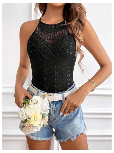 SweatyRocks Women's Eyelet Halter Top Lace Sleeveless Slim Fitted Embroidery Tank Top3