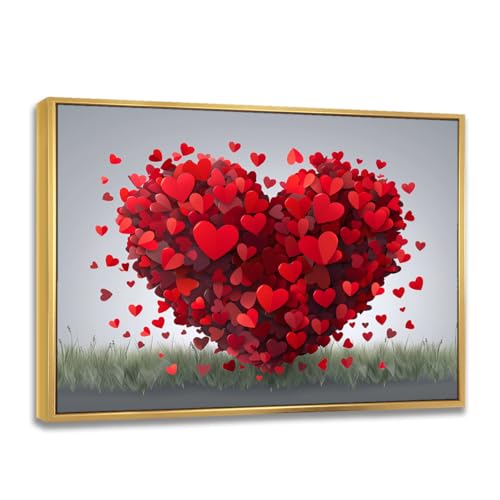 Framed Canvas Wall Art Valentine Heart of Red Paper Hearts on Grass Love Decor Canvas Print for Bedroom Couples Living Room Entryway Office Nursery Anniversary Ready to Hang(24"X36"Gold-Frame)