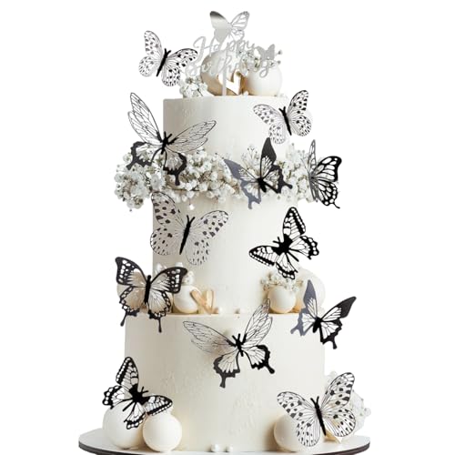 13-Piece Butterfly Cake Decorations with Happy Birthday Acrylic Cake Topper Set, Butterfly Cake Topper Set, Cake Toppers Decoration Perfect for Baby Shower Wedding Birthday Party Cake Supplies