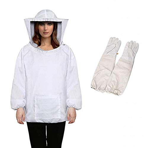 Ninana 養蜂用 蜂防護服 フェイスネット付上着 手袋付き フェイスネット付き フリーサイズ (白1)