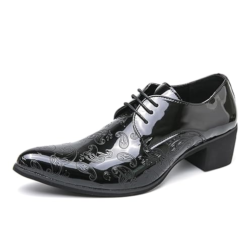 Men's Printing Pointed-Toe Patent Leather Derby Oxford Shoes,Classic Lace-up Low Top Block High Heel Fashion Slip On Prom Business Wedding Dress Shoes