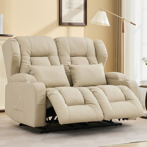 Image of IPKIG 54.2 inch RV Loveseat Recliner Sofa, Leathaire Fabric Wall Hugger Reclining Chair with Cup Holder and Side Pockets, Home Theater Seating Manual Recliner for Living Room (Beige, Loveseat)