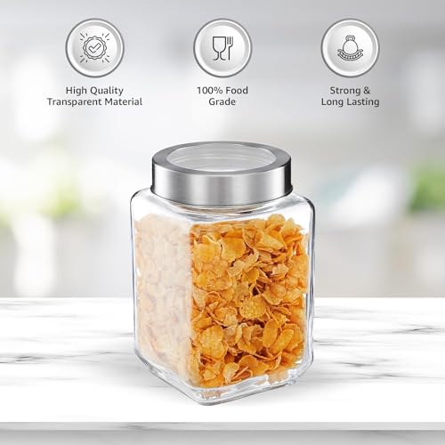 Image of CROCO JAR Square Glass Storage Containers 650ml | Transparent Airtight Kitchen Jars with Steel Lid | Cubical Glass Jars for Pantry, Snacks, Dry Fruits, Masala, Pickle & Coffee Beans | Pack of 6