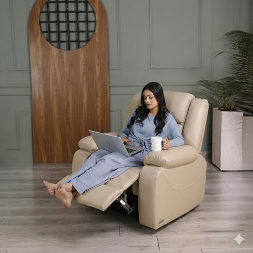 Image of Solis Royale 1 Seater Recliner Sofa Chair | Manual Recliner Lounge Sofa Chairs for Relaxing | Comfortable Cushioned | Living Room Bedroom Home, Office (Classy Calm - Beige, Classy Calm - Leatherette)