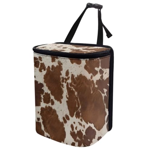 Image of Brown Cow Print Car Garbage Can with Adjustable Straps Car Hanging Trash Can with Lid Multipurpose Portable Trash Bag for Cars SUVs, Trucks