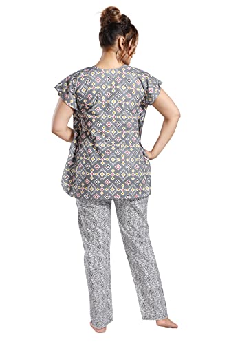 Image of Fabme Women's Cotton Printed Kaftan and Pyjama Set - Grey