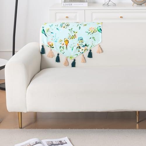 Image of HOKIPO Premium Sofa Backrest Cover Mat | Printed Holland Velvet with Tassels | 'Whispers of Nature' Mint Birdsong Blossom (IN-1116-D3)