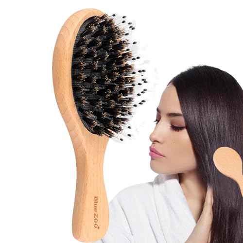 なだめるような毛の髪のブラシ、女性のための細い髪のブラシ,フライアウェイヘアリズ縮小マッサージブラシの木製ハンドルでボアの毛をむき出しにします - ホテル、毎日、学校、旅行のための個人的なヘアスタイルのグルーミングアクセサリー