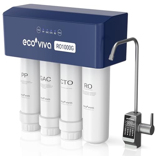 Ecoviva Sistema de Ósmosis Inversa domestica para Bajo Fregadero, 1000GPD - Con Grifo Inteligente LED, Relación Agua Purificada/Residual 3:1, Diseño sin Depósito, Instalación Express