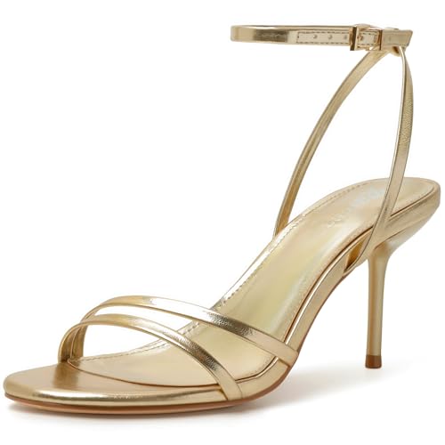 Image of RIBONGZ High Heels for Women Kitten Heeled Sandals with Ankle Strap Round Open Toe Strappy Stiletto Heels Comfort Summer Wedding Party Evening Prom Daily Dressy Shoes