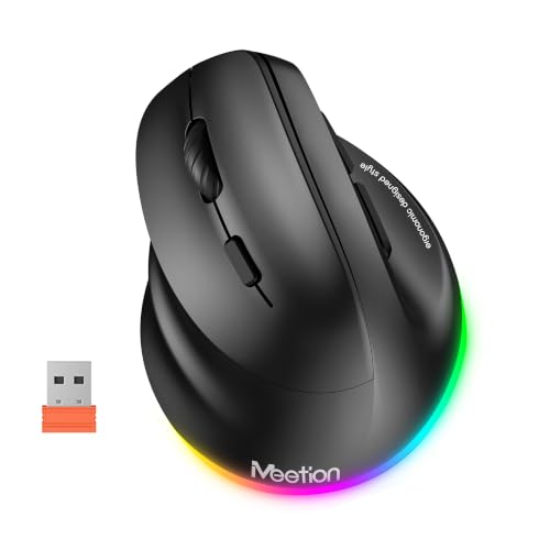 Image of MEETION Left-Handed Ergonomic Mouse, Vertical RGB Wireless Design, Black | Comfortable vertical grip for left-handed users, rechargeable battery, Bluetooth 5.2 /3.0, USB-A receiver, 4 DPI settings