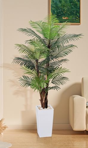 Artificial Palm Tree 7FT, Fake Tree with Realistic Fiber Trunks and White Tall Planter, Faux Tropical Areca Floor Plant in Pot, Artificial Silk Plant for Home Decor Office Decor Indoor