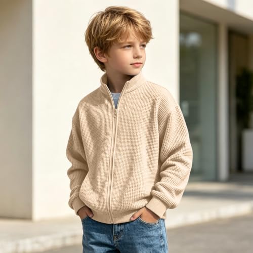 Boys Jacket Waffle Knit Zip Up Hoodie Stand Collar Sweatshirts Size 10-12 - image 7