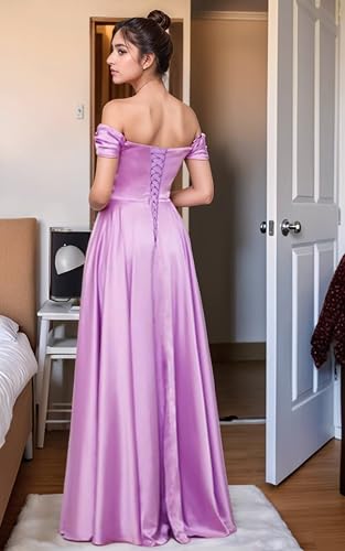 Fair Lady Bridesmaid Dresses for Women Long Satin Ruffle Off The Shoulder Formal Evening Party Gowns with Slit3