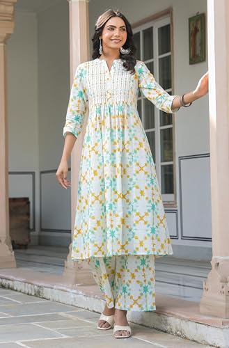 Image of Janasya White Pure Cotton Kurta & Pant Set for Women Abstract Print Ethnic Wear