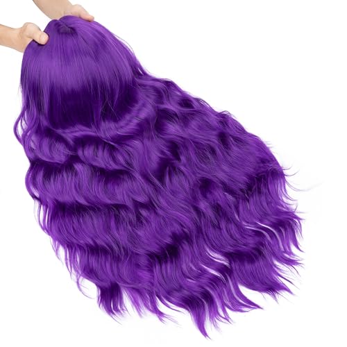 Image of S-noilite Long Purple Wavy Wig for Women 27 inch Middle Part Curly Wavy Wig Heat Resistant Synthetic Hair Seamless Hairline Colorful Anime Cosplay Wigs Halloween Costume Party