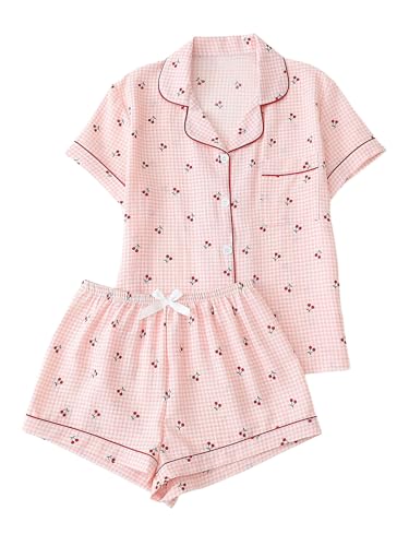 Image of BEAUDRM Women's Two Piece Pajama Sets Allover Print Short Sleeve Sleepwear Button Down Shirt and Bow Shorts Pj Set Loungewear