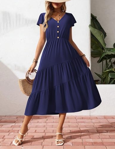 Image of Zeagoo Women's Summer Casual Dress Flutter Short Sleeve V Neck Button Down Tiered Flowy Long Dress with Pockets