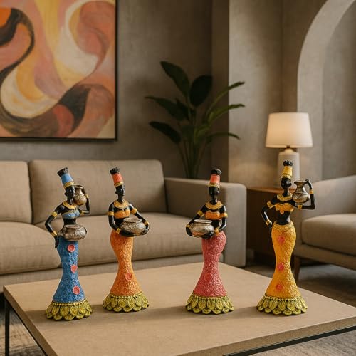 Image of Xtore Vibrant African Women Figurines | Resin Home Decor Accents | Set of 4 Colorful Cultural Statues | Unique Art Pieces for Living Room, Office, or Gift | Traditional and Modern Design