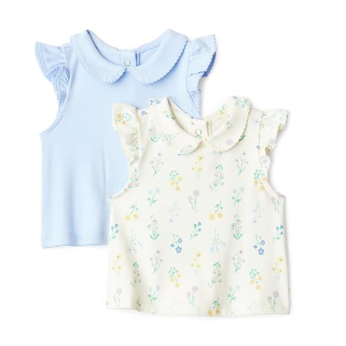 Amazon Essentials x Sofia Grainge Baby Girls Cotton Short Sleeve Blouses with Ruffles Pack of 2 Light Blue/Bouquets 18 Months