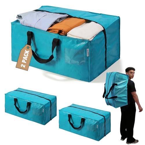 WORKPRO 2 Pack Extra Large Moving Bags with Zippers & Carrying Handles Backpack Straps, Heavy-Duty Storage Tote for Space Saving Moving Storage (Blue)