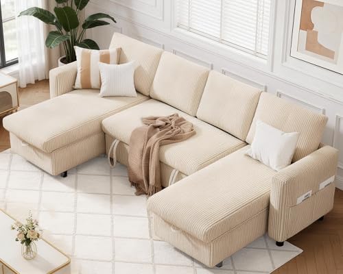Image of WEUP 106 inch U Shaped Sectional Sleeper Sofa Bed with Pull Out Bed, Sectional Sleeper Couch Pull Out Couch with Reclining Backrest /Reversible Storage Chaise /USB Ports /Tool-Free Assembly, Corduroy Beige