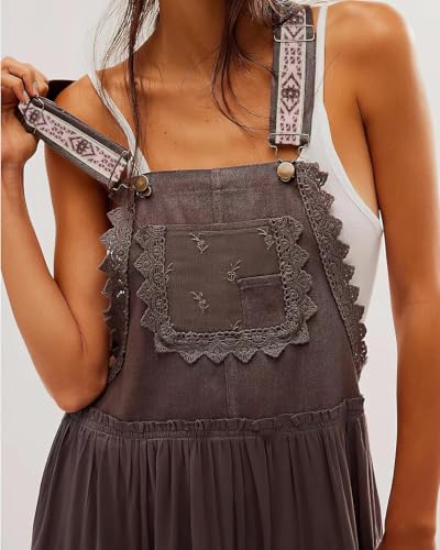 Image of ebossy Women's Laced Embroidered Tulle Bib Dress Casual Loose Adjustable Straps Maxi Dress
