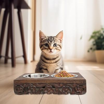Elevated Pet Feeder for Dogs and Cats - The Bali Carved Wood Pet Feeding Stand with Two Stainless Steel Bowls - Three Heights Adjustable Raised Dog Bowl - Food Water Pet Feeding Station - IRONGATE