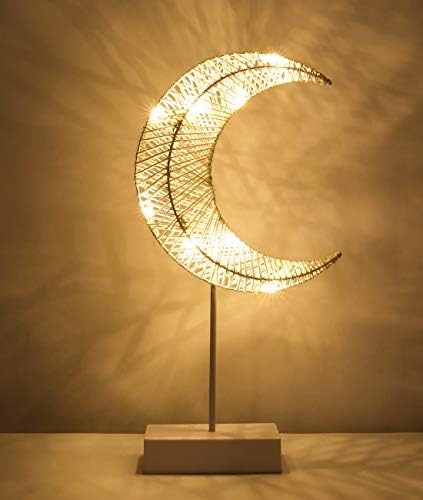 Lewondr Decorative Table Lamp, Battery Powered Christmas Ramadan Moon Lamp Winding Cotton Thread Warm LED Crescent Light Battery Powered Lamp Xmas Home Romantic Bedside Lamp Nightstand Light, White