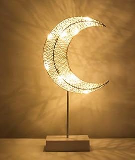 Lewondr Decorative Table Lamp, Battery Powered Christmas Ramadan Moon Lamp Winding Cotton Thread Warm LED Crescent Light Battery Powered Lamp Xmas Home Romantic Bedside Lamp Nightstand Light, White