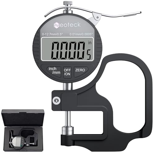 Neoteck Digital Thickness Gauge 0.5inch/12.7mm,0.0005inch/0.01mm LCD Display with Inch/MM Conversion One-Hand Quick Press Thickness Measuring Tool for Leather Paper Fabric Film etc.-Silver-Black